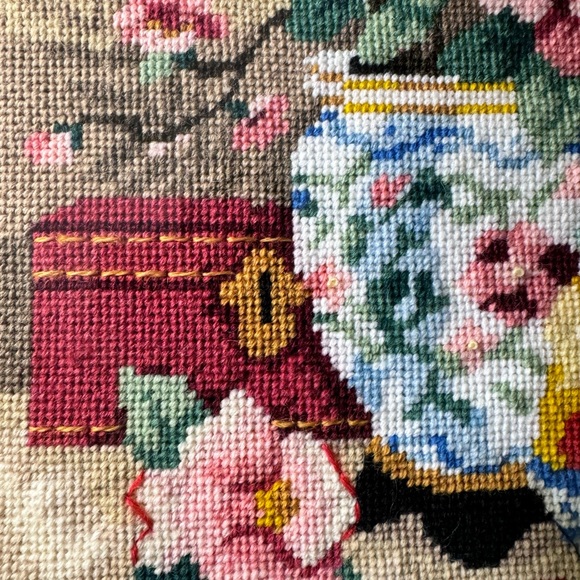 Vintage Needlepoint  Cherry Blossom Framed Picture 19”x21” Fruits Flowers 60s - Picture 14 of 14